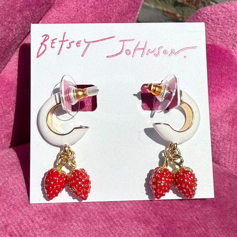 NWT! Betsey Johnson Gold Hoops with Red Strawberry Charms Huggie Earrings